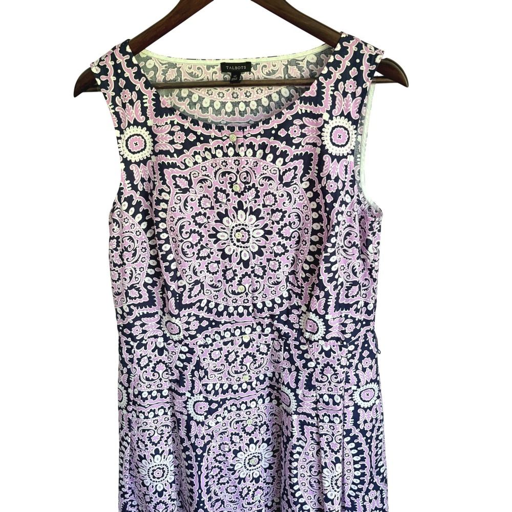 Talbots Fit Flare Dress 10 Preppy Pink Navy Medallion Cotton Sleeveless A-Line - Picture 3 of 7